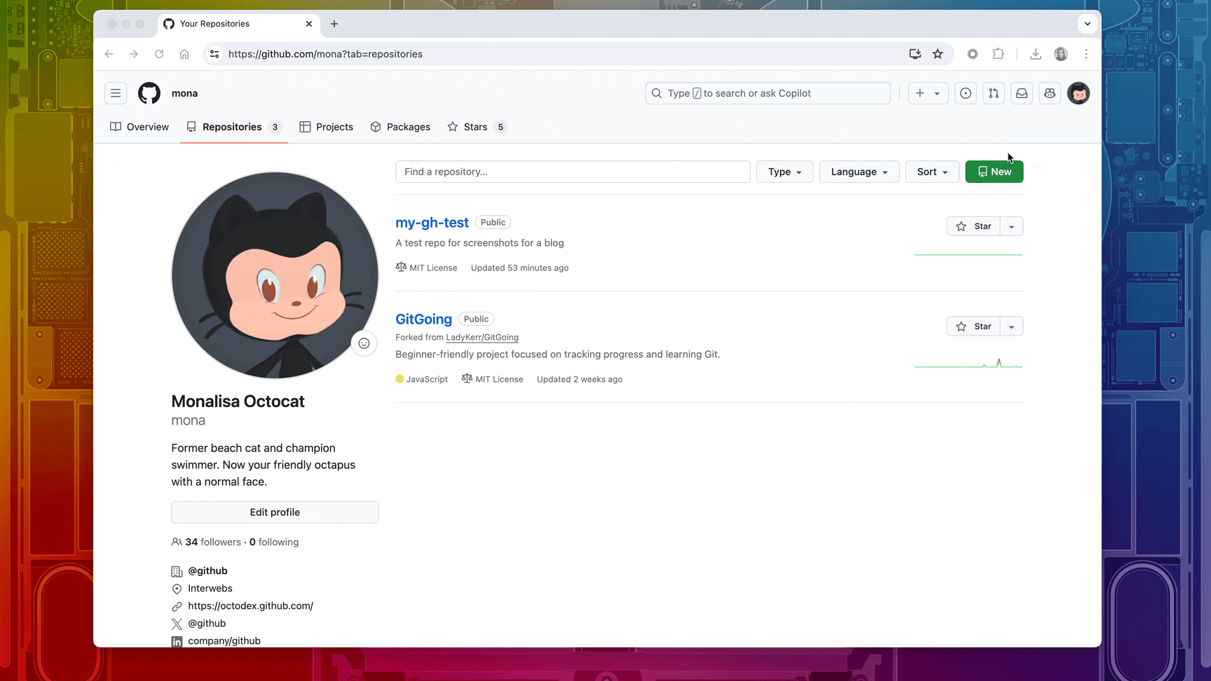 An animated gif showing the creation of a GitHub repository.