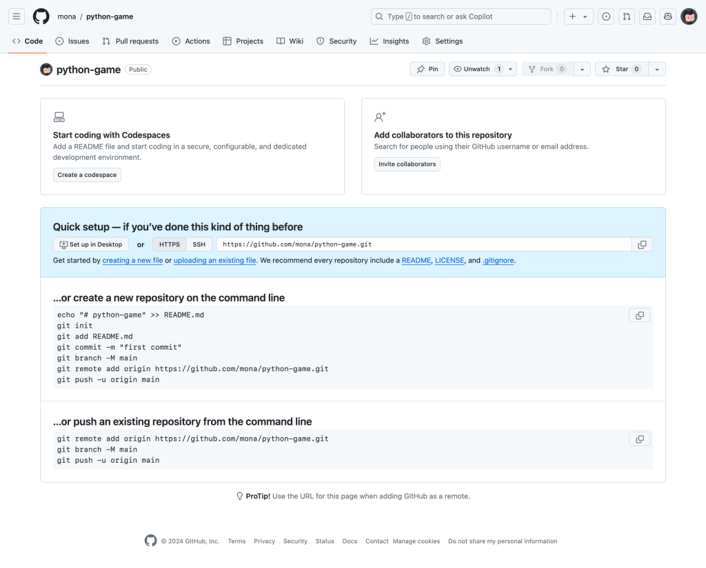 A screenshot of a newly created Git repository with instructions on how to add files to that repository using the command line