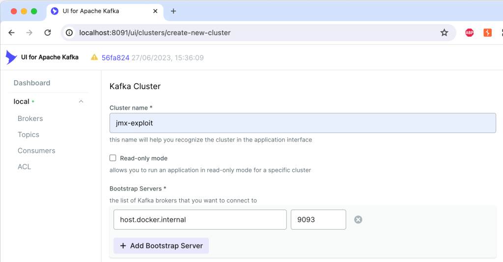 Kafka UI menu to create a new cluster jmx-exploit pointing to host.docker.internal:9093