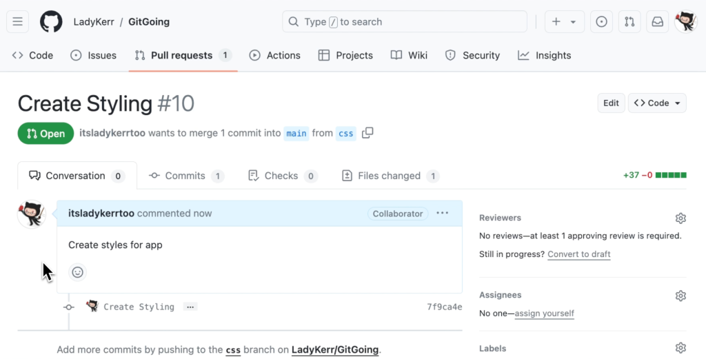 Screenshot of the pull requests tab in the GitGoing repository showing where you can add a description and create the pull request.