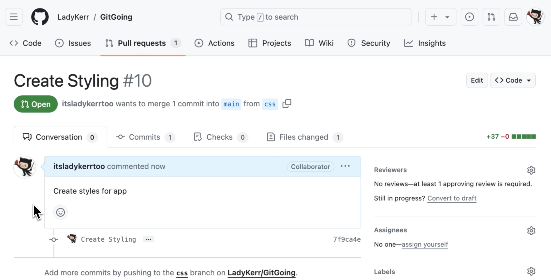 View of style.css in GitHub Desktop, with the option to commit the changed file to the CSS branch.