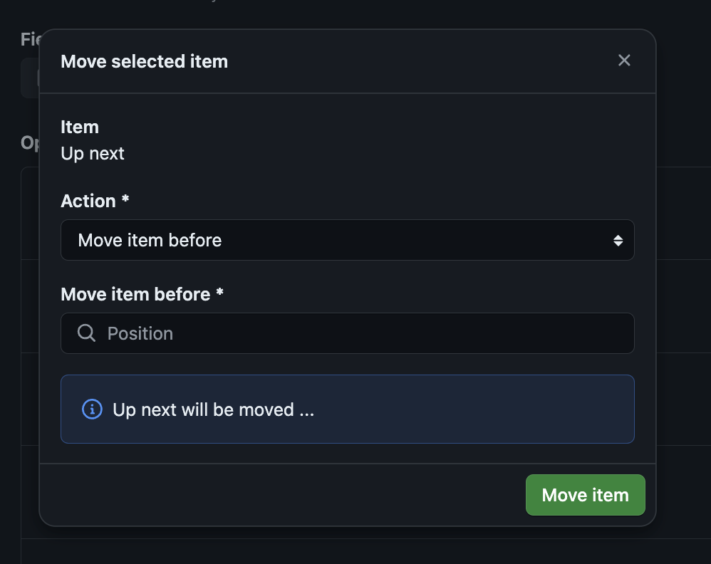 A screenshot of the Move Dialog. At the top of the dialog is a span specifying  the item being moved. Followed by a form to move items then a preview of the movement.