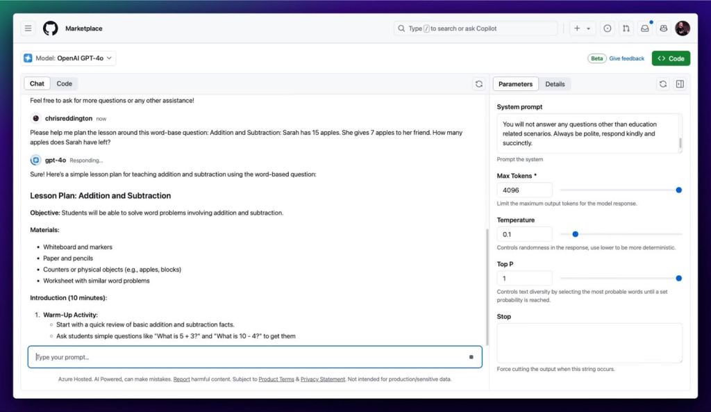 A screenshot of the GitHub Models Playground, showing a chat conversation with GPT-4o after adjusting the system prompt and temperature.