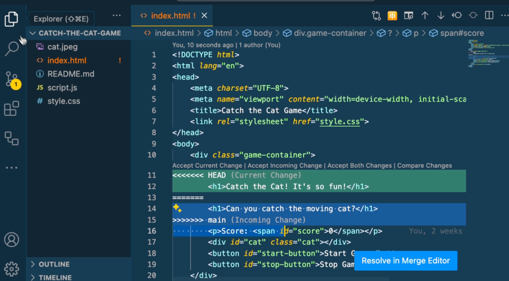 A Visual Studio Code window shows a merge conflict in the index.html file for the Catch the Cat Game project. The conflict is between the current change (Catch the Cat! It's so fun!) and the incoming change (Can you catch the moving cat?). Options to accept changes or resolve in the merge editor are displayed.