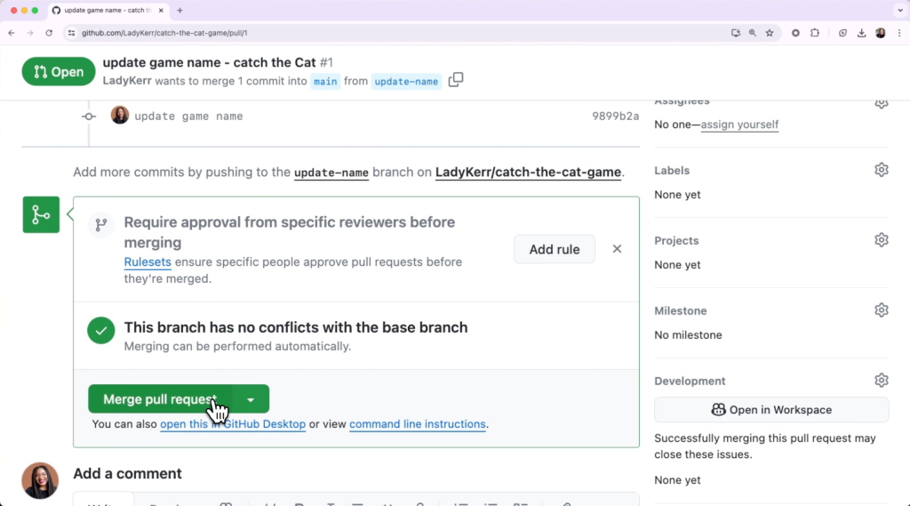 mouse over the green Merge Pull Request button on GitHub dot com Pull Request page