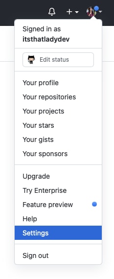 GitHub user dropdown menu showing account options with 'Settings' highlighted.