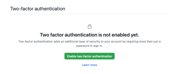 GitHub two-factor authentication page with a button to enable two-factor authentication.