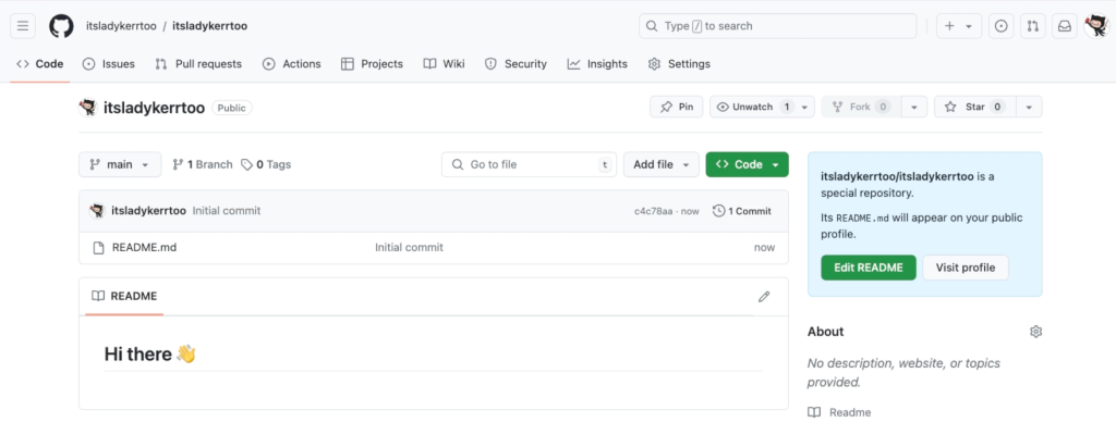 GitHub repository 'itsladykerrtoo' showing an initial commit with a README file containing a greeting 'Hi there' and a prompt to edit the README.