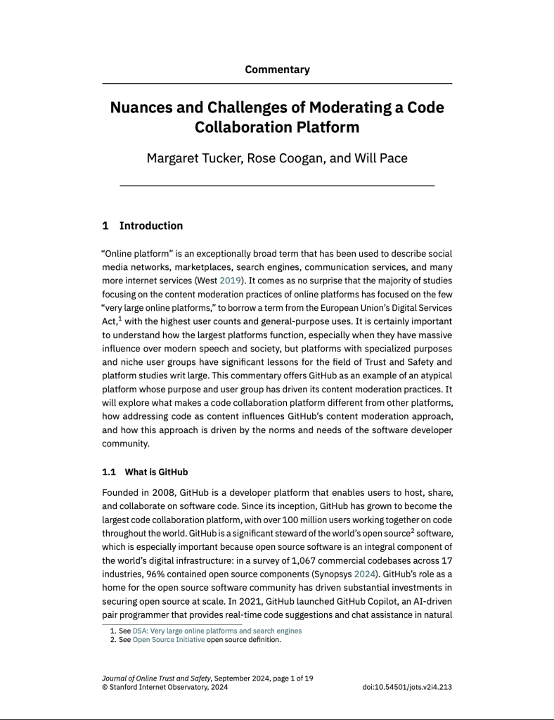 Clickable screenshot of a paper titled Nuances and Challenges of Moderating a Code Collaboration Platform.