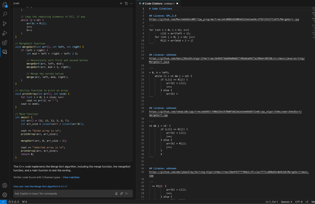 Code referencing in Copilot in VS Code