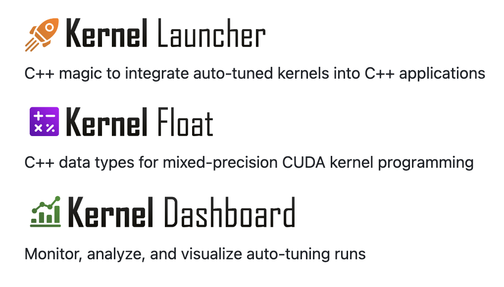 Overview of Kernel Tuner’s ecosystem including Kernal Launcher, Kernel Float, and Kernal Dashboard.