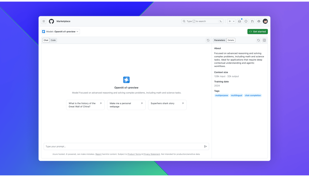 GitHub MarketplaceのプレイグラウンドでOpenAI o1を試している画像