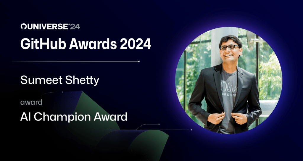 Graphic showing winner of AI Champion award, Sumeet Shetty