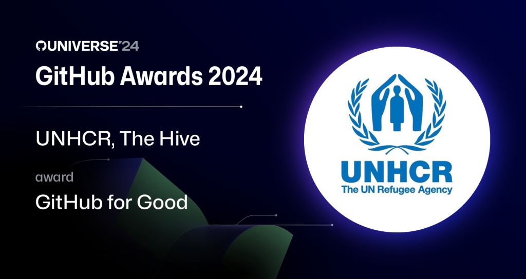 Graphic showing winner of GitHub for Good award, UNHCR, The Hive