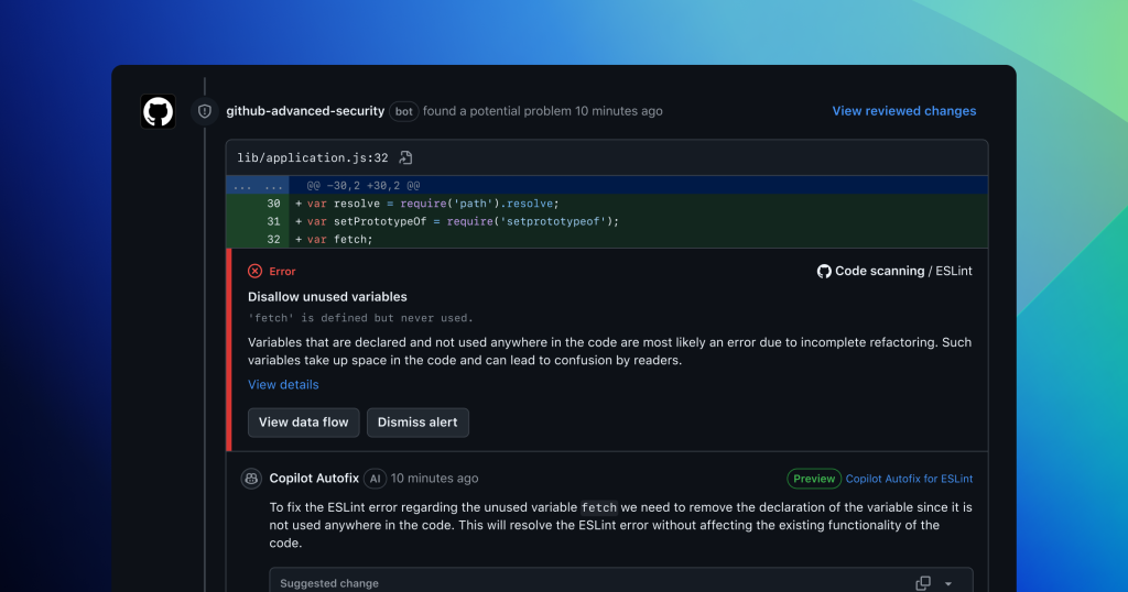 A screenshot of Copilot Autofix for ESLint responding to an error discovered by code scanning, explaining in natural language how the code can be fixed, and suggesting code changes. 