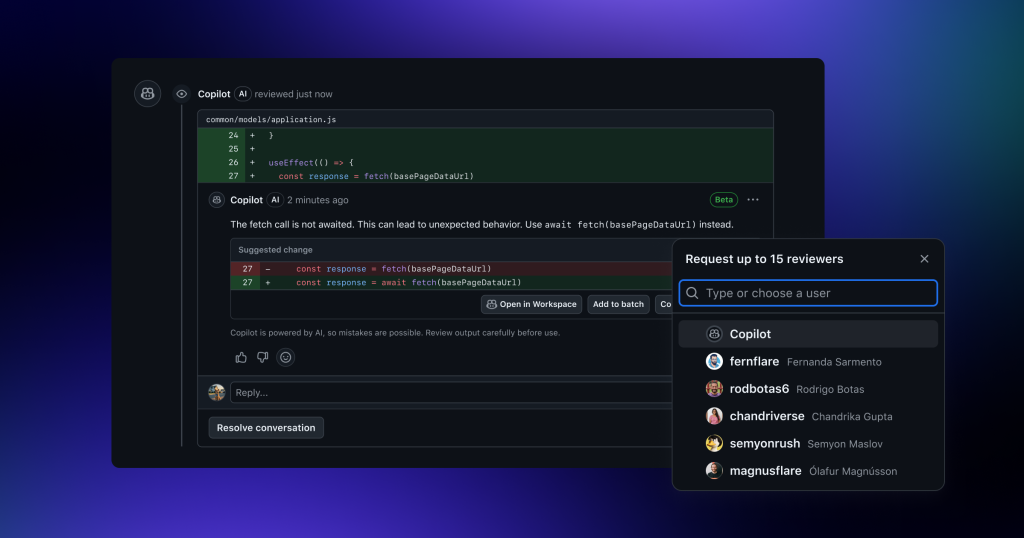 A screenshot of a GitHub Copilot code review of a JavaScript file. With four lines of code highlighted, Copilot notes that the fetch call is not awaited and suggests an edit to the code, showing a diff between the existing and suggested code. A zoomed-in view of the ‘Request reviews’ menu is overlaid on the screenshot, with Copilot being the first reviewer in the list of those available to request a review from.