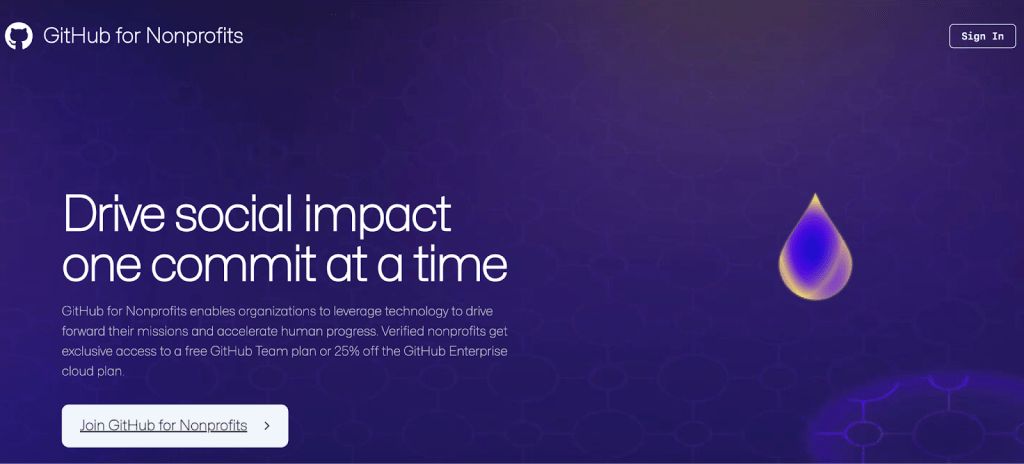 Screenshot of the GitHub for Nonprofits web page.