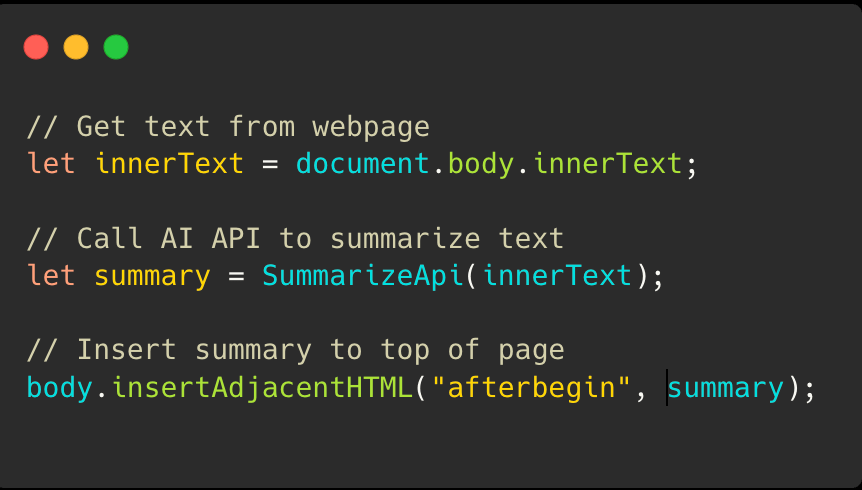 Sample code adding a summary of a page to the top to help readability