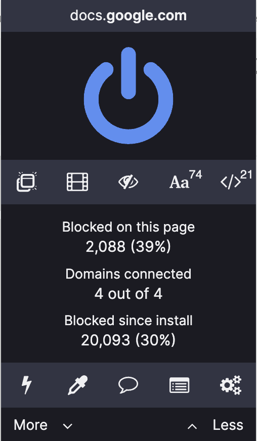 Screenshot of a uBlock Origin popup for a Google Docs page, showing what has been blocked and allowing the user to interact directly with the extension. 