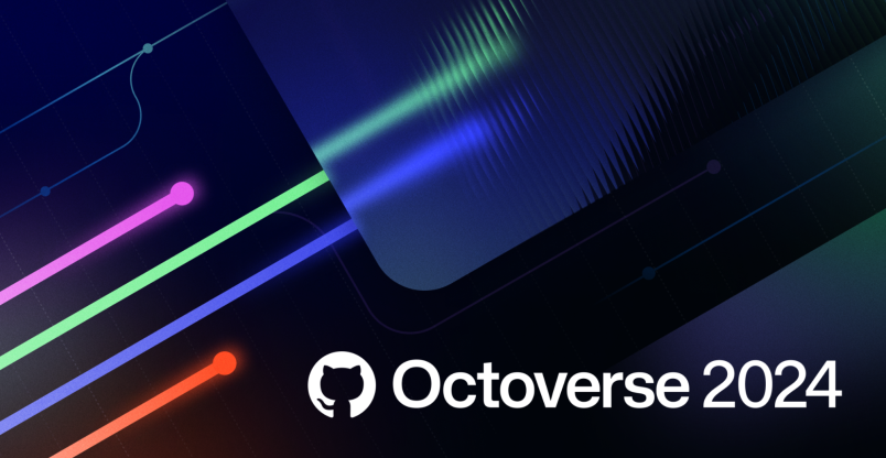 Hero image for GitHub Octoverse 2024 report. The design features abstract, colorful lines in neon pink, green, blue, and purple on a dark background with subtle gradients and geometric shapes. The GitHub logo is positioned in the bottom center alongside the text 'Octoverse 2024' in white.