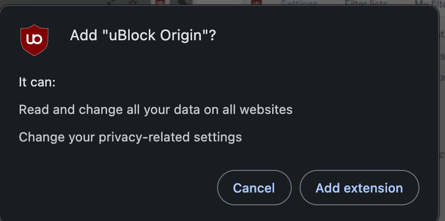 Screenshot of the popup describing which permissions the uBlock Origin extension will be granted.