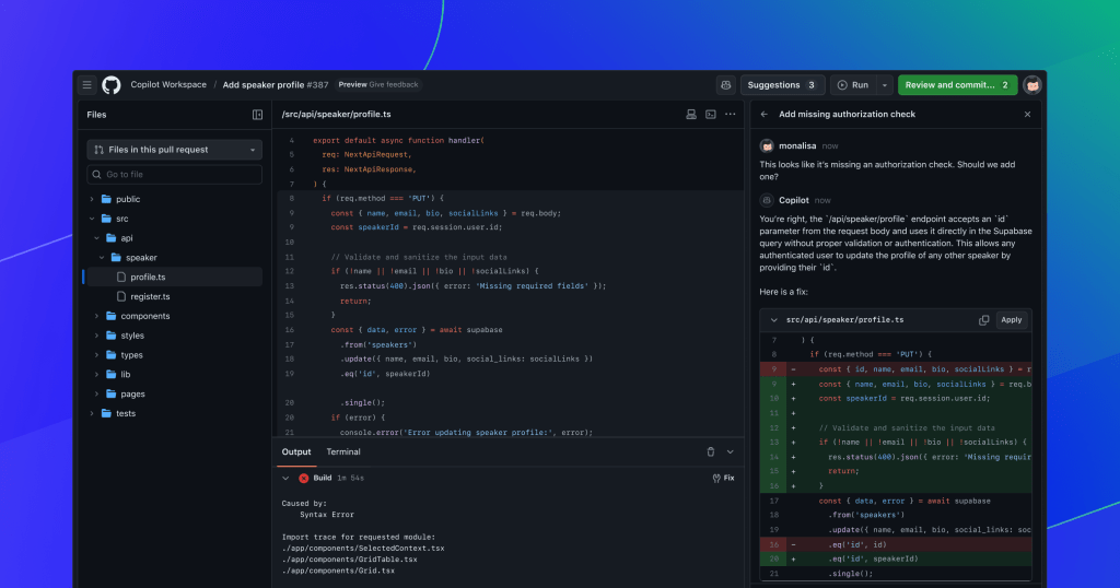 A screenshot of a GitHub Copilot Workspace editor for a pull request showing Copilot assisting a developer by suggesting code to fix an authentication error. On the left, there is a list of files in the pull request. On the right, a conversation between the developer and Copilot shows that Copilot has identified the syntax error in the code and is suggesting a fix for it, with a natural language explanation. The middle panel shows the failed build and the Typescript code, with Copilot suggested code inserted. At the top of the screen there is a green button labeled ‘Review and commit’ and a button showing three total suggestions.