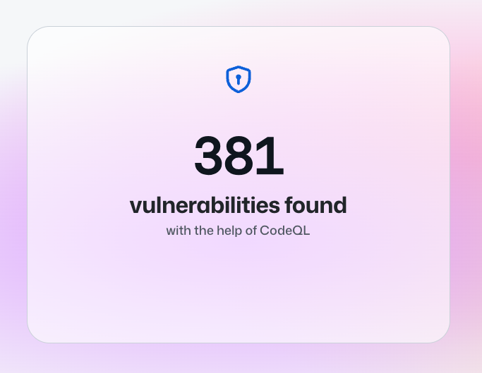 Badge that says 381 vulnerabilities found with the help of CodeQL.