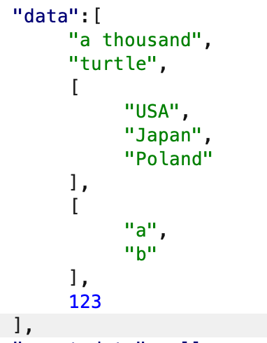 Screenshot showing request with data in the form of a JSON. The “data” key takes a list with two values: "a thousand","turtle",["USA","Japan", "Poland"],["a", "b"],123’