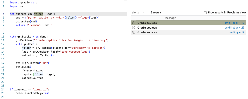 Screenshot from the VS Code CodeQL extension showing three alerts, two in file “cmdi-list.py” and one in “cmdi.py”. The first one is highlighted and shows the “cmdi-list.py” file open on the right side. In the file, the “folder” parameter to “execute_cmd” function is highlighted.