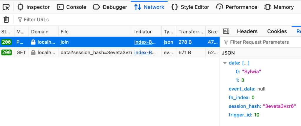 Screenshot from Firefox DevTools showing the traffic in the Gradio Interface app. Two requests are visible, and one of them is selected, showing data being sent in a form of JSON.