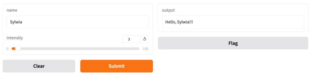 Website with an input box with the value “Sylwia”, an “intensity” slider set to “3” and an output box with the value “Hello, Sylwia!!!”