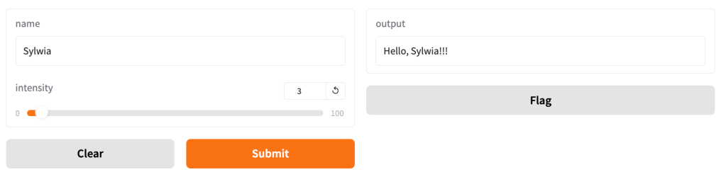 Website with an input box with the value “Sylwia”, an “intensity” slider set to “3” and an output box with the value “Hello, Sylwia!!!”