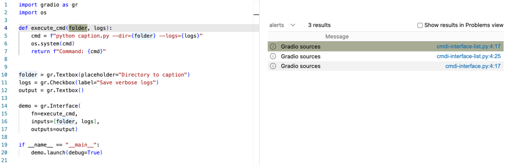 Screenshot from the VS Code CodeQL extension showing three alerts, two in file “cmdi-interface-list.py” and one in “cmdi-interface.py”. The first one is highlighted and shows the “cmdi-interface-list.py” file open on the right side. In the file, the “folder” parameter to “execute_cmd” function is highlighted.