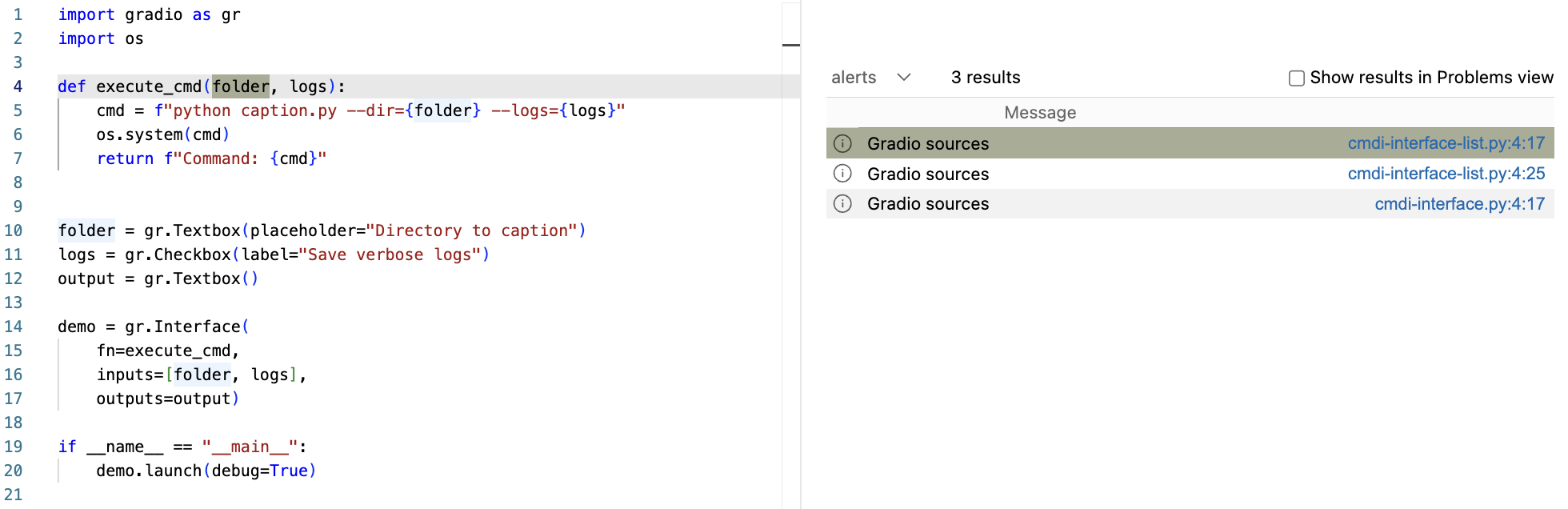 Screenshot from the VS Code CodeQL extension showing three alerts, two in file “cmdi-interface-list.py” and one in “cmdi-interface.py”. The first one is highlighted and shows the “cmdi-interface-list.py” file open on the right side. In the file, the “folder” parameter to “execute_cmd” function is highlighted.