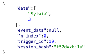 Screenshot showing request with data in a form of a JSON. The “data” key takes a list with two values: “Sylwia”, 3. ’