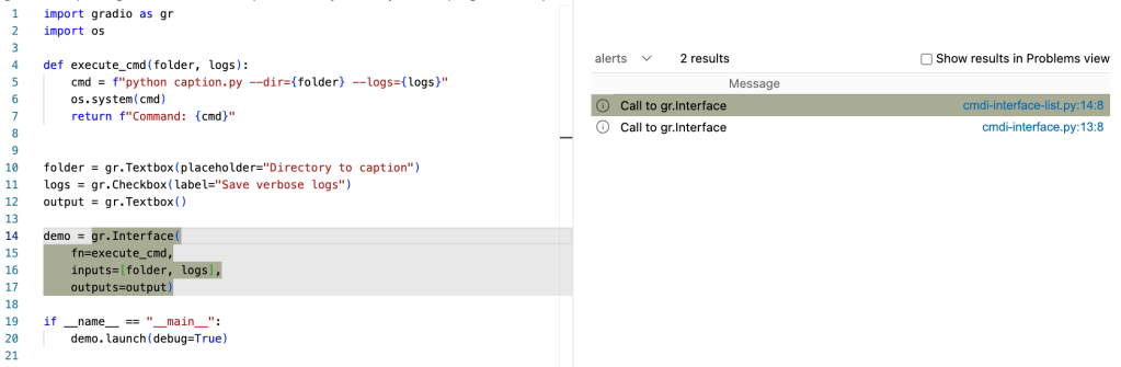 creenshot from the VS Code CodeQL extension showing two alerts in files “cmdi-interface-list.py” and in “cmdi-interface.py”. The first one is highlighted and shows a the “cmdi-interface-list.py” file open on the right side. In the file, the code line “demo = gr.Interface(fn=execute_cmd, inputs=[folder, logs], outputs=output)” is highlighted.