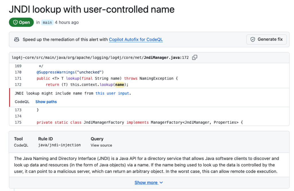 Screenshot of an open issue titled 'JNDI-lookup with user-controlled name.' Beneath the title, there is a banner reading 'Speed up the remediation of this alert with Copilot Autofix for CodeQL.'