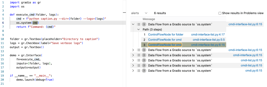 creenshot from the VS Code CodeQL extension showing six alerts, two in file “cmdi-interface-list.py”, one in “cmdi-interface.py”, two in file “cmdi-list.py” and one in “cmdi.py”. The first alert in the  “cmdi-interface-list.py” file is open and shows a three steps, with the last step highlighted. The file open on the right side. In the file, the “cmd” argument to “os.system” is highlighted.