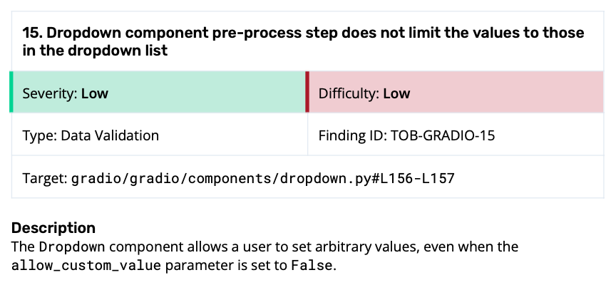 Screenshot from Trail of Bits’ Gradio audit showing finding number 15: Dropdown component pre-process step does not limit the values to those‬‭ in the dropdown list’ with severity set to low and difficulty set to low. The descriptions says, ‬
‭ The‬‭ Dropdown‬‭ component allows a user to set arbitrary values, even when the‬‭ allow_custom_value‬‭ parameter is set to‬‭ False‬‭.