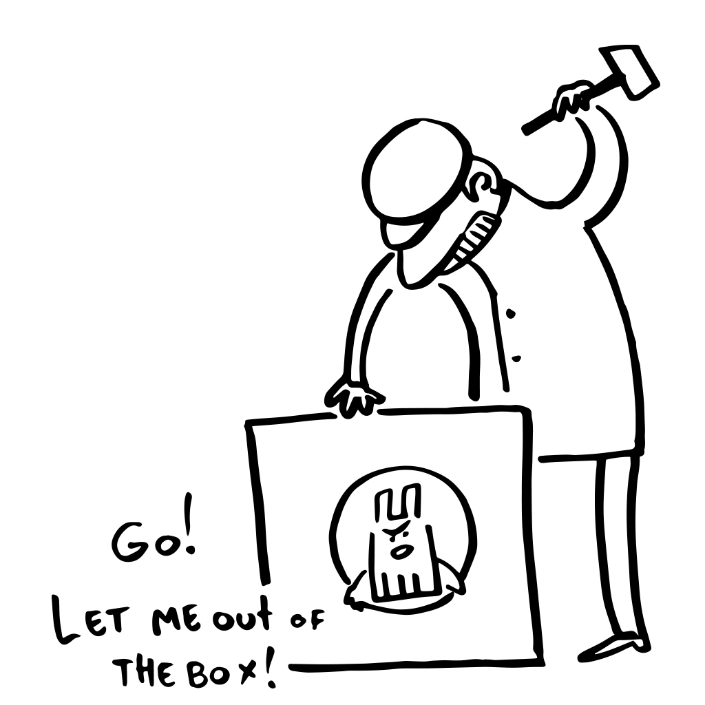 A cartoon of a person with a hammer trying to release a barcode-nosed dog trapped in a box, accompanied by the text "Go! Let me out of the box!