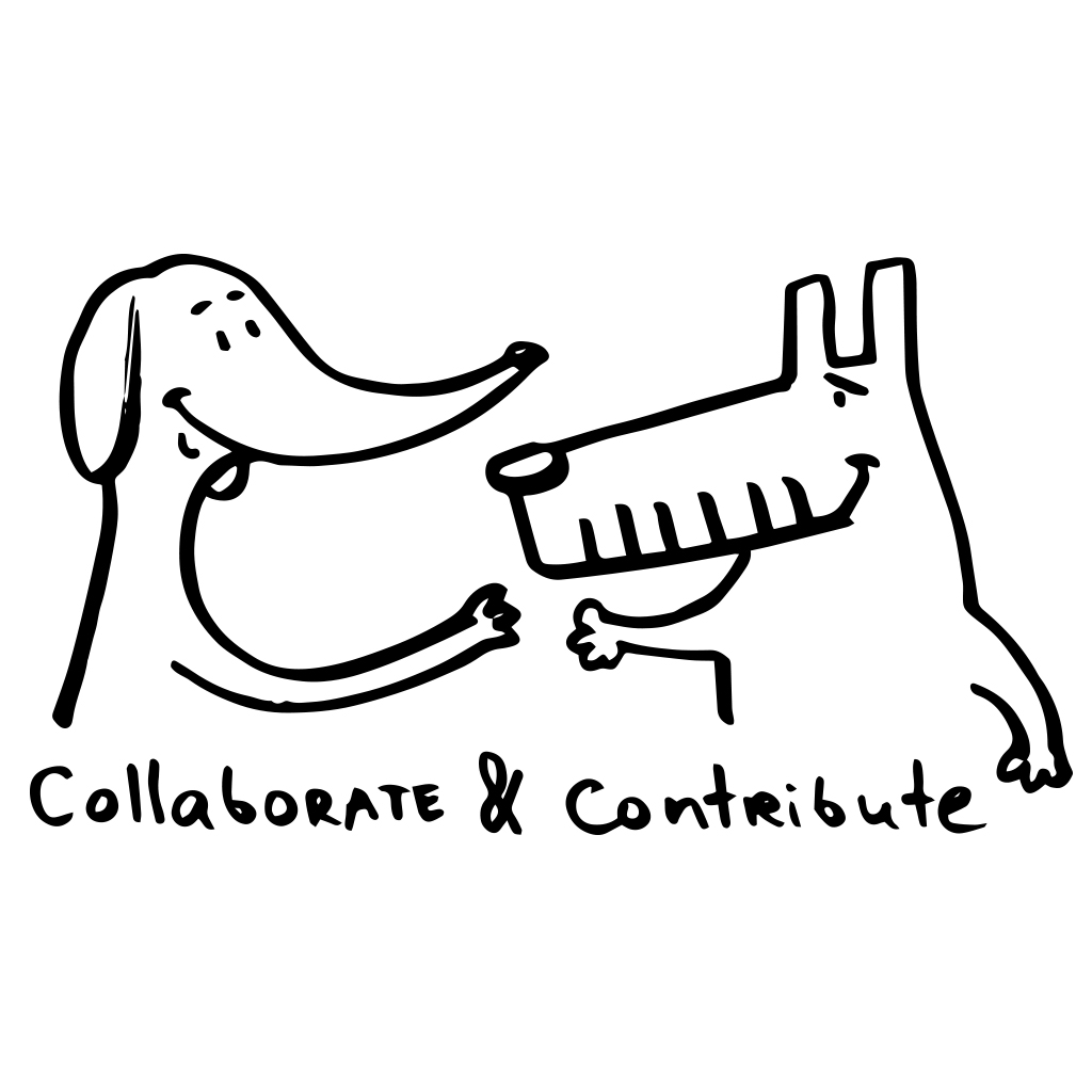 A cartoon of two dogs, one with a long snout and the other with a barcode nose, smiling and bumping fists, accompanied by the text "Collaborate & Contribute."