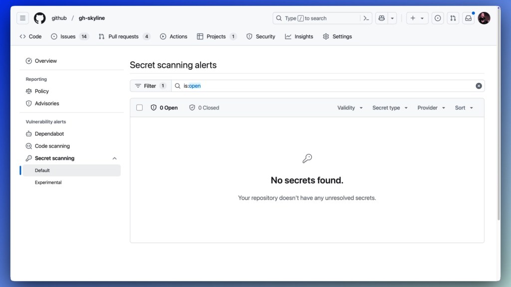 Screenshot of the secret scanning page of the gh-skyline repository showing no secrets found.