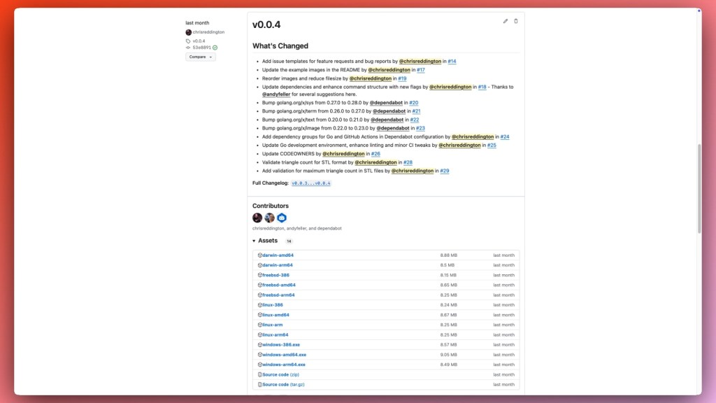 A screenshot showing the v0.0.4 release of github/gh-skyline including details on what's changed, the contributors and the list of published binaries across platforms.