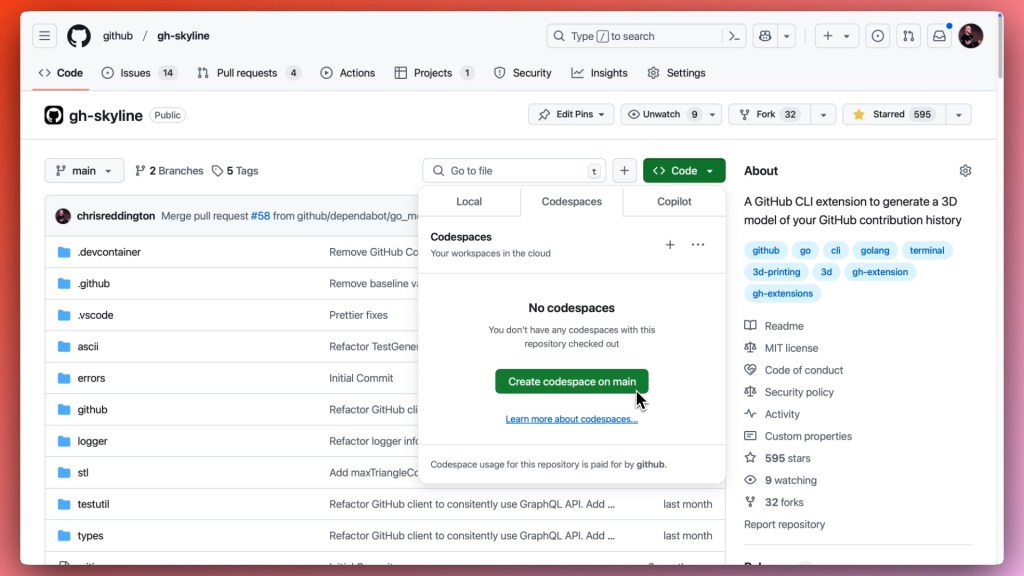Screenshot of the github/gh-skyline repository, with the cursor hovering over the "Create codespace on main" button.