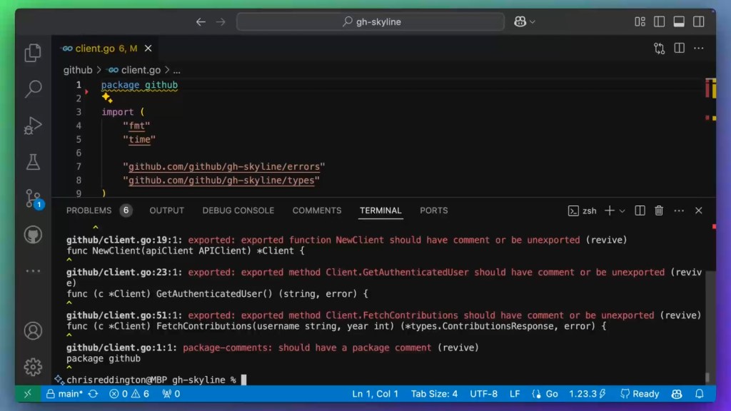 Screenshot of Visual Studio Code editor with Go code open. The terminal is open and shows several Linting errors, noting that the package name and several methods are missing comments.