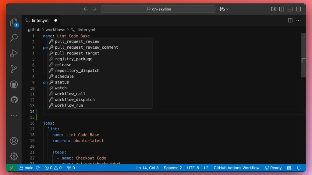 A GitHub Actions workflow file open in Visual Studio Code with the GitHub Actions Extension displaying several example triggers that could be used.