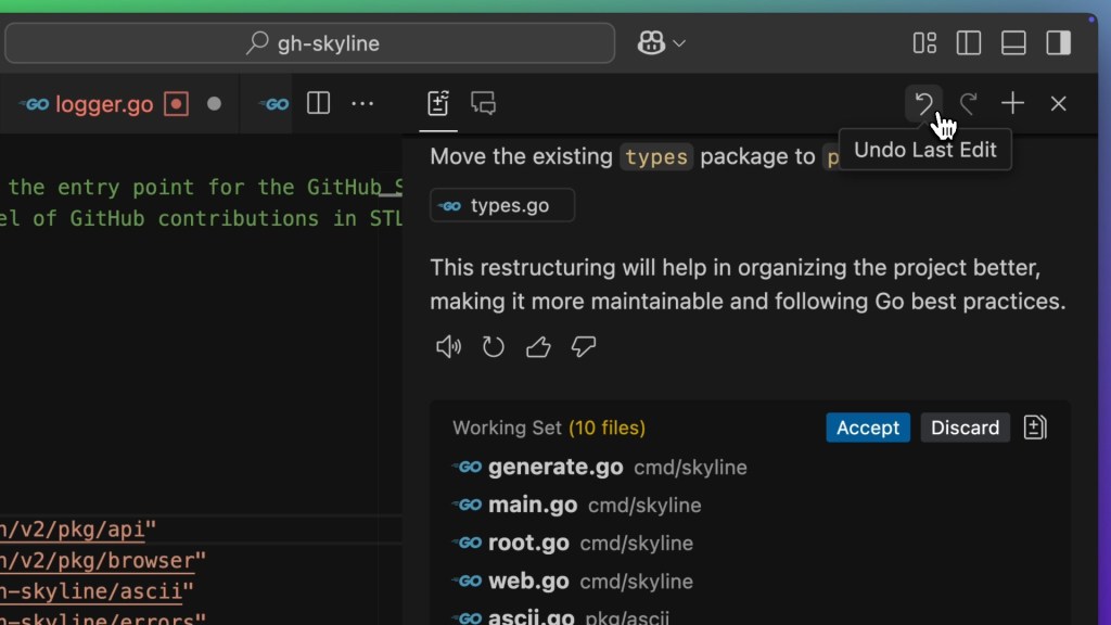 Screenshot of GitHub Copilot Edits in Visual Studio Code, with a mouse hovering over the "undo" button to experiment between different ideas.