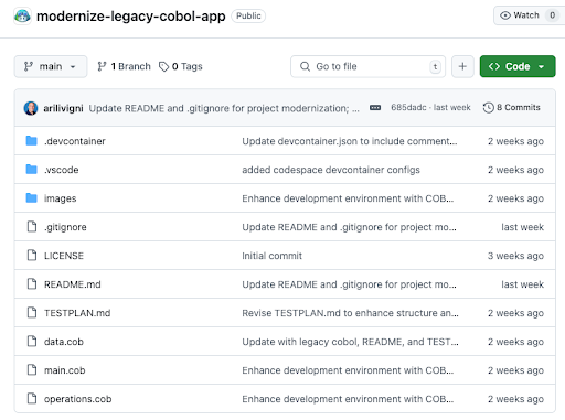 A GitHub repository named "modernize-legacy-cobol-app" showcasing a project for modernizing legacy COBOL code. The repository has one branch and no tags. The file structure includes folders for .devcontainer and .vscode configurations, along with COBOL source files (main.cob, data.cob, operations.cob), documentation files (README.md, TESTPLAN.md), and a .gitignore file. The most recent commit message highlights updates to the README and .gitignore for project modernization.