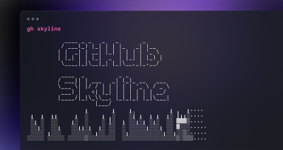 GitHub Skyline ASCII art in a terminal background with an example GitHub contribution history generated as a skyline using blocks.