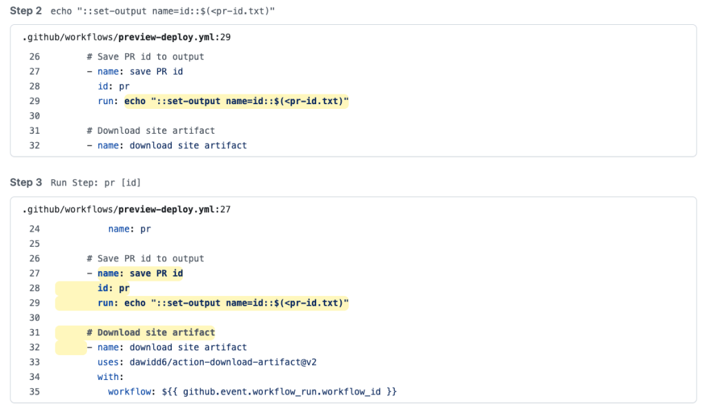 Code snippets setting the content of a file from the artifact as the output of the workflow step